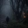 Dark, fog-covered forest path with twisted trees and glowing lanterns, as a lone figure walks through the eerie woods at night