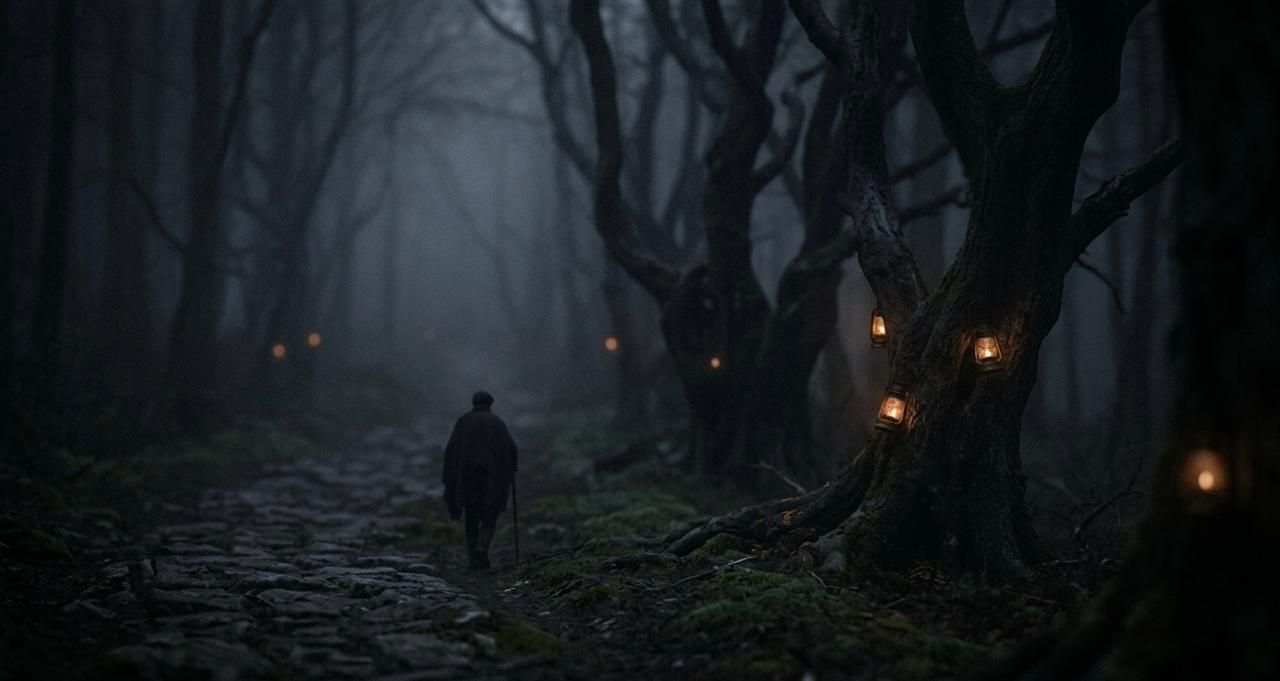 Dark, fog-covered forest path with twisted trees and glowing lanterns, as a lone figure walks through the eerie woods at night