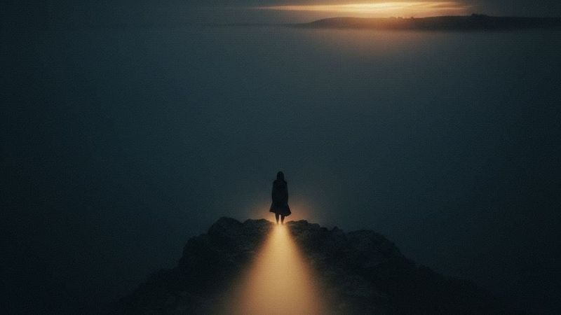 Silhouette of a person on a rocky path, illuminated by a warm light, facing a distant glowing horizon in a dark, misty setting.