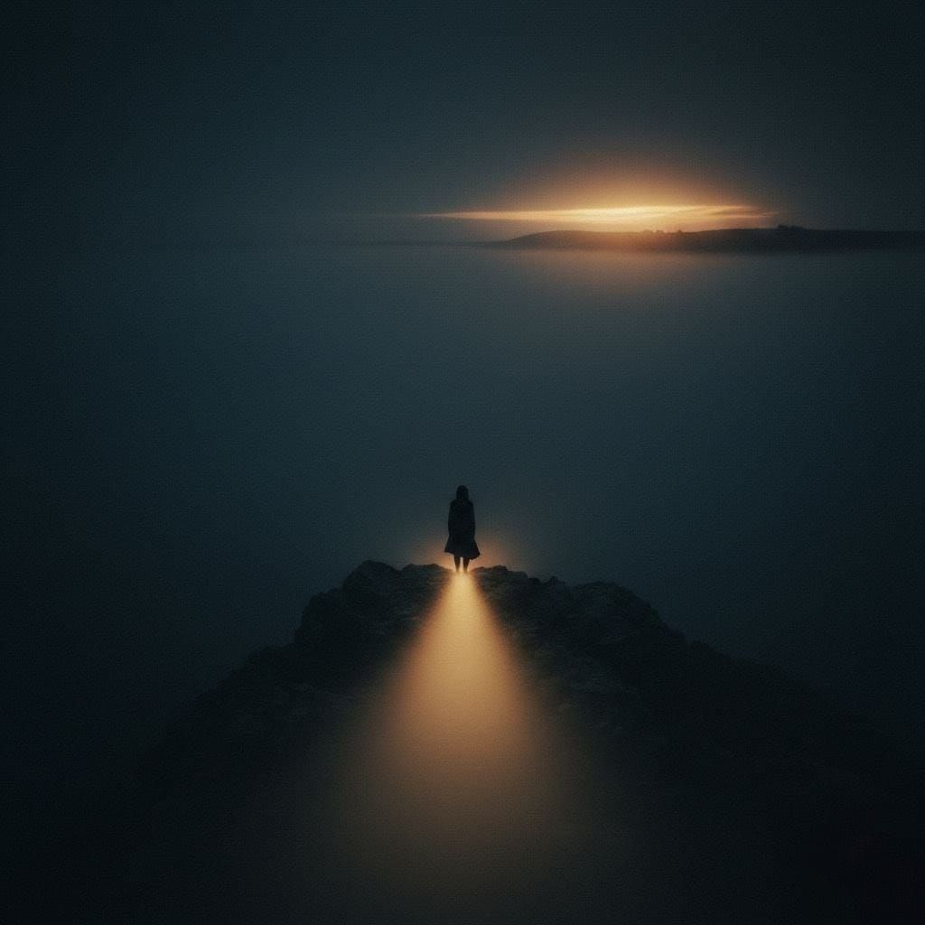 Silhouette of a person on a rocky path, illuminated by a warm light, facing a distant glowing horizon in a dark, misty setting.