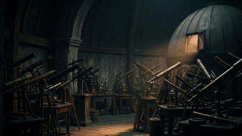 Dimly lit observatory with multiple telescopes on stands, wooden furniture, and a domed ceiling. A warm light glows from a small window.