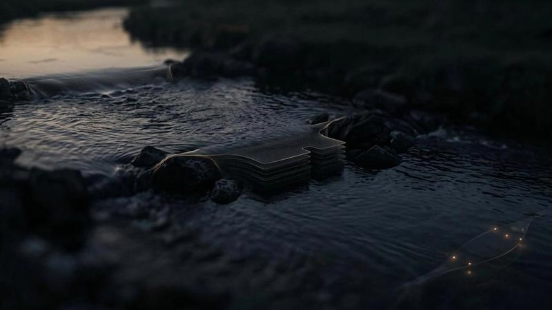 Dark abstract technology landscape with flowing water and layered digital structures representing continuous delivery, automation, and modern software infrastructure