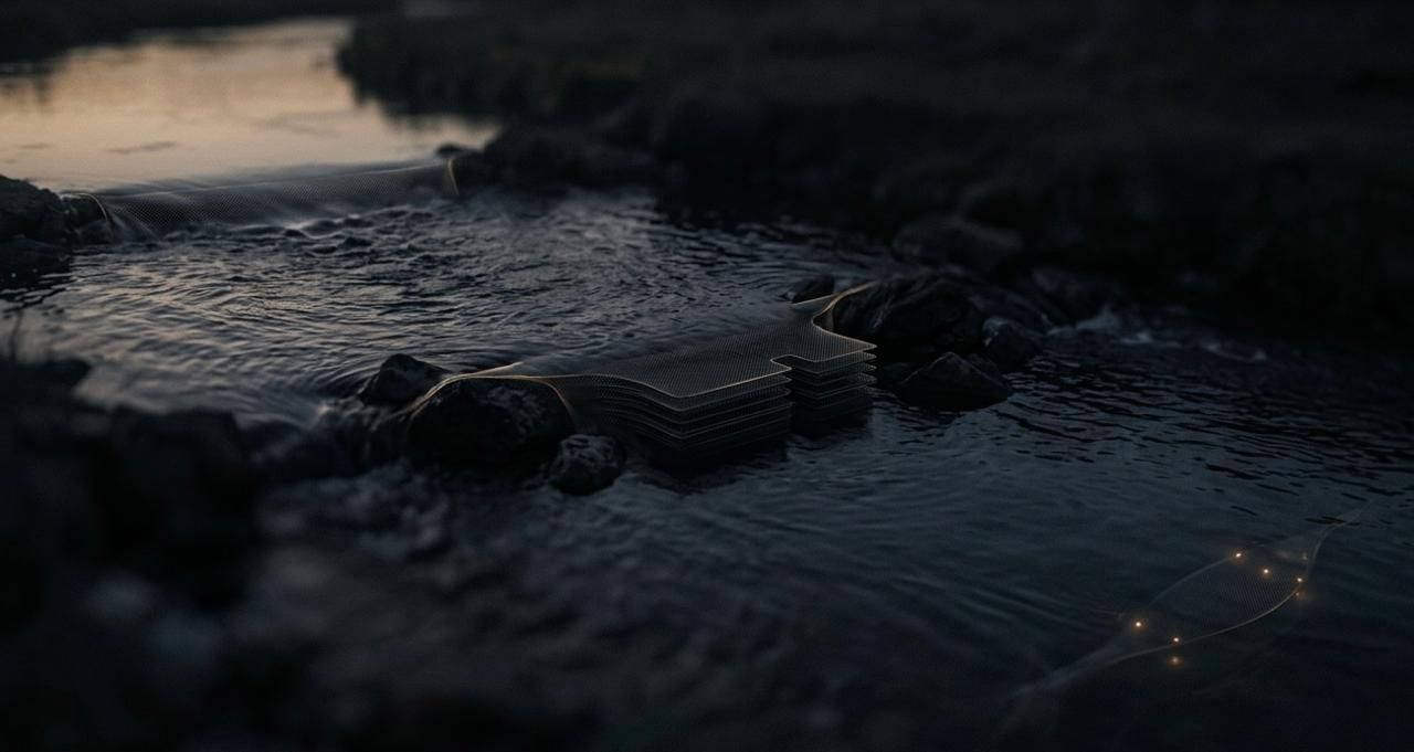 Dark abstract technology landscape with flowing water and layered digital structures representing continuous delivery, automation, and modern software infrastructure