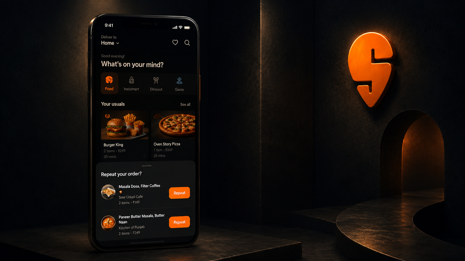 Dark-themed food delivery app interface displayed on a smartphone, featuring personalized meal recommendations, repeat order options, and restaurant listings with glowing orange UI accents in a cinematic low-light setting.