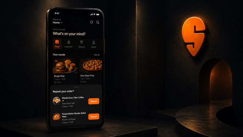 Dark-themed food delivery app interface displayed on a smartphone, featuring personalized meal recommendations, repeat order options, and restaurant listings with glowing orange UI accents in a cinematic low-light setting.