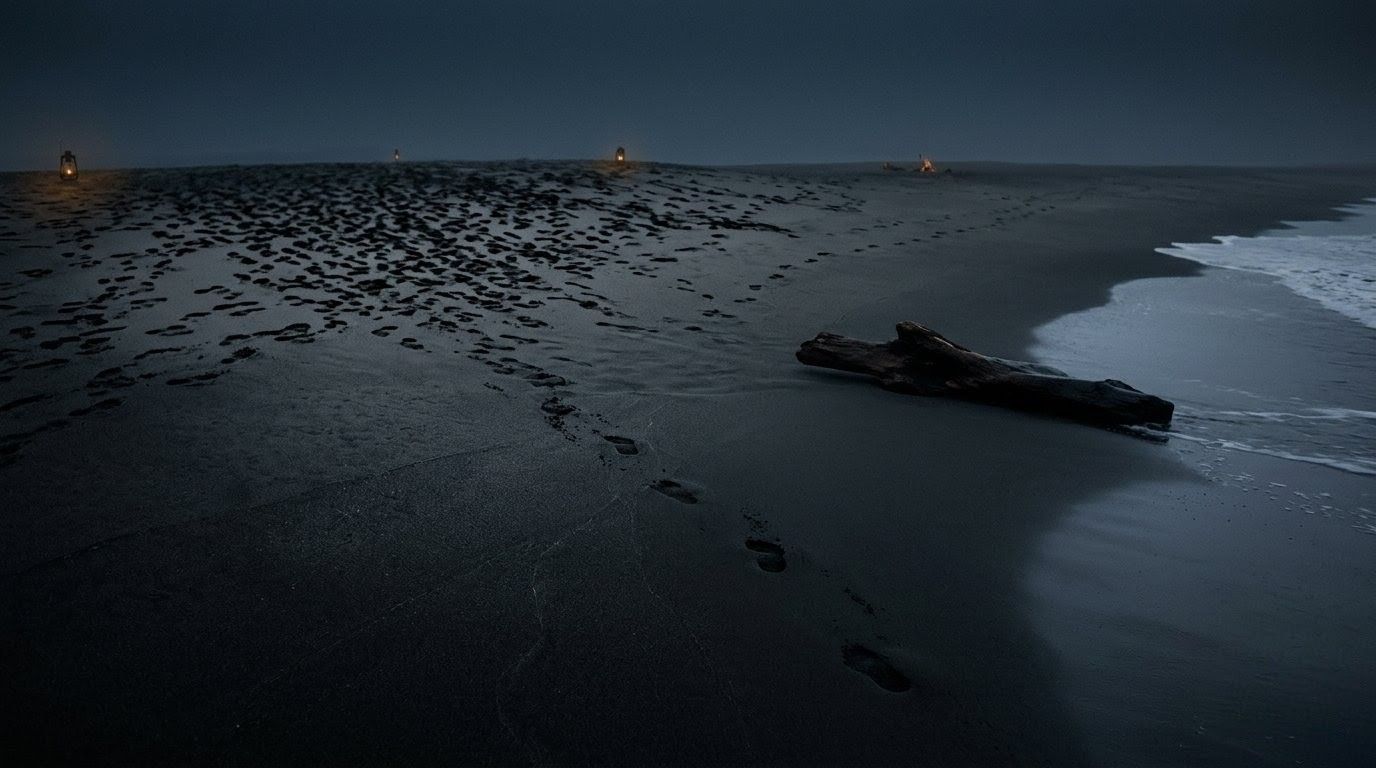 Dark beach at night with scattered footprints and washed-up driftwood. Lanterns glow in the distance, creating a mysterious mood.
