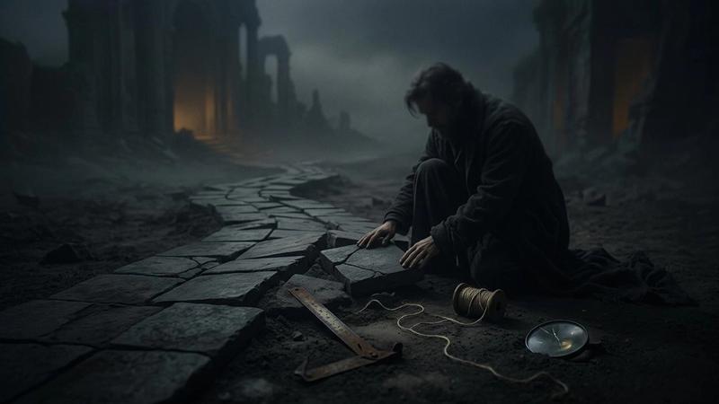 Illustration of a person examining a compass on a cracked, fog-filled urban street, symbolising the challenge of finding direction when mobile app analytics data is inaccurate