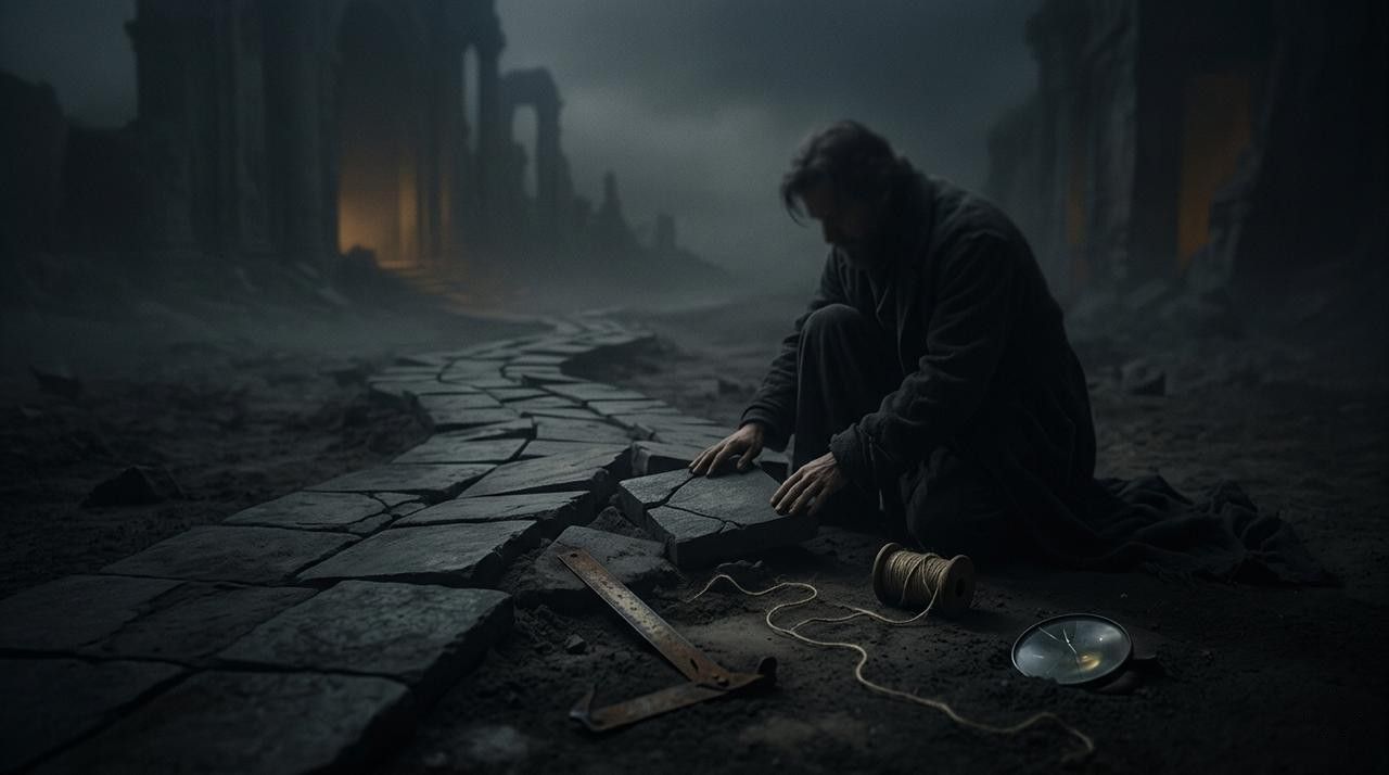 Illustration of a person examining a compass on a cracked, fog-filled urban street, symbolising the challenge of finding direction when mobile app analytics data is inaccurate