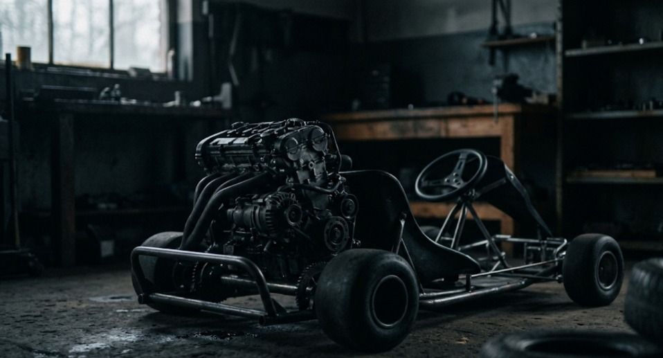 Bare go-kart chassis with an exposed engine in a dimly lit workshop, illustrating a modular mechanical foundation before the bodywork is added.