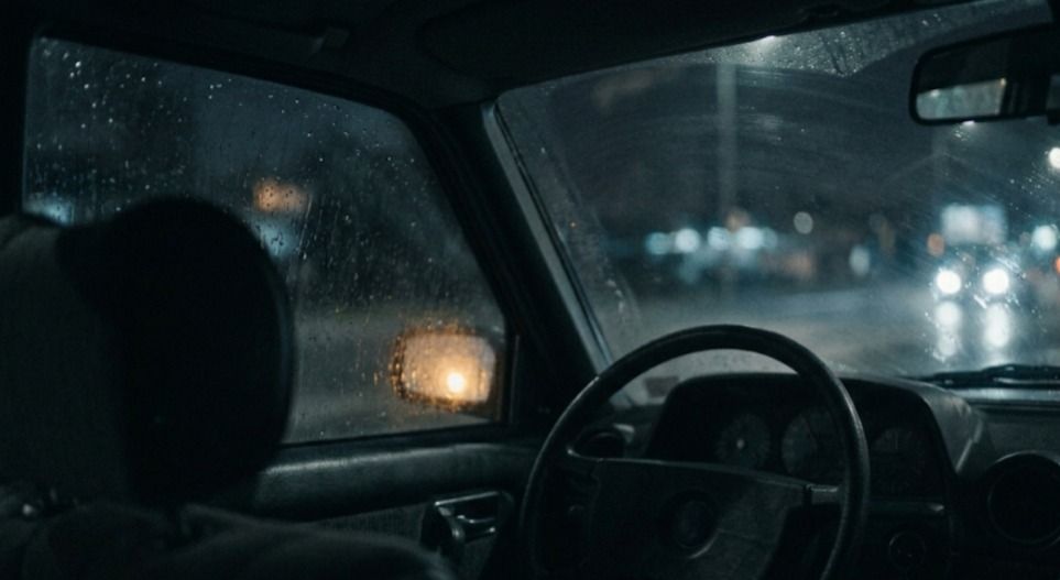 View from inside a parked car on a rainy night, with raindrops covering the windows and blurred streetlights glowing in the distance.