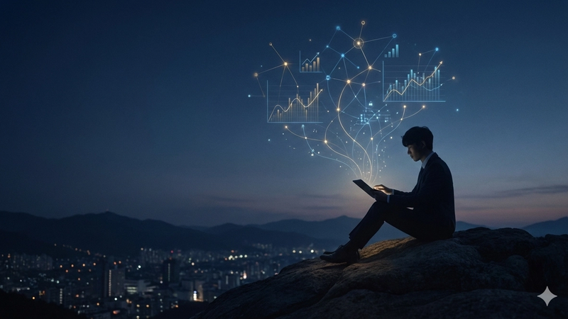 “Person sitting on a hill at night using a tablet, with glowing data charts and network lines floating above, symbolizing analytics-driven decision-making over a city skyline.