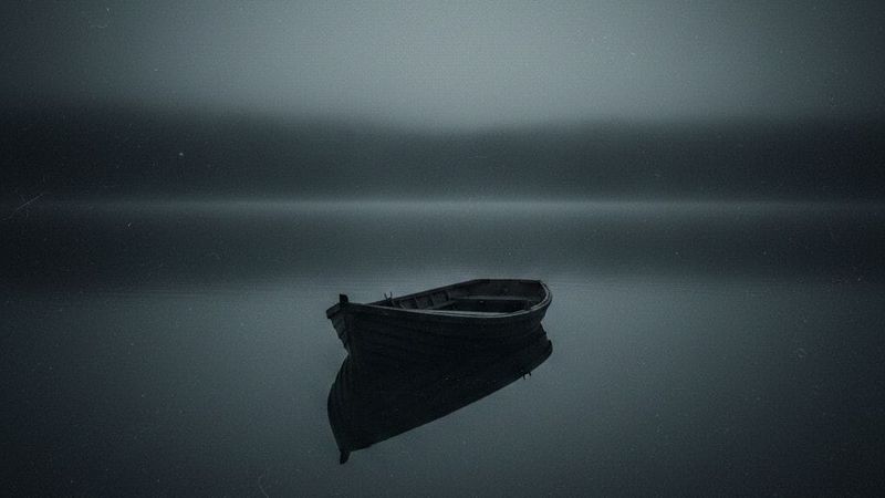 A solitary boat floats on a calm, foggy lake, creating a serene and mysterious mood. The scene is in soft greyscale, with a blurred horizon.