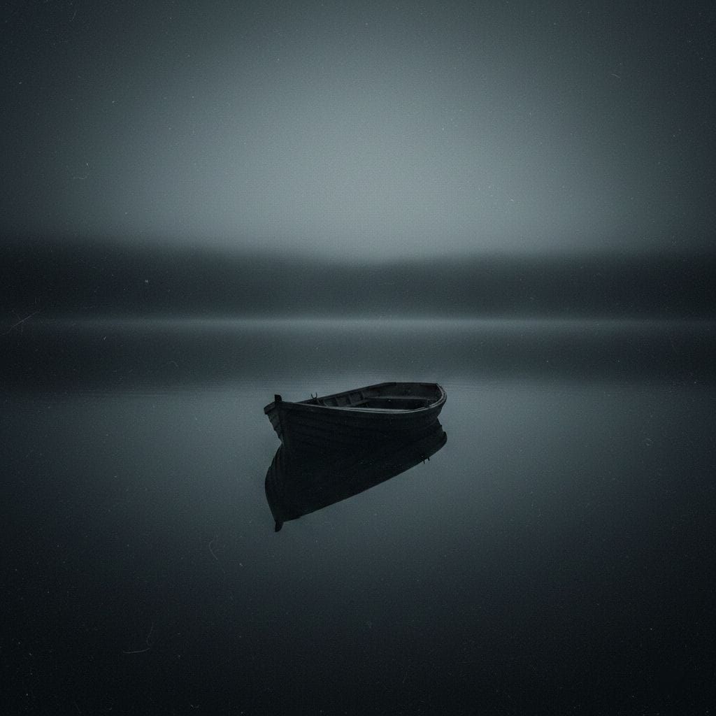A solitary boat floats on a calm, foggy lake, creating a serene and mysterious mood. The scene is in soft greyscale, with a blurred horizon.