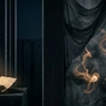 A dark, minimalist scene showing a glowing, arched doorway with a shadowy figure standing inside, partially reflected on a glossy floor, creating a mysterious and atmospheric mood.
