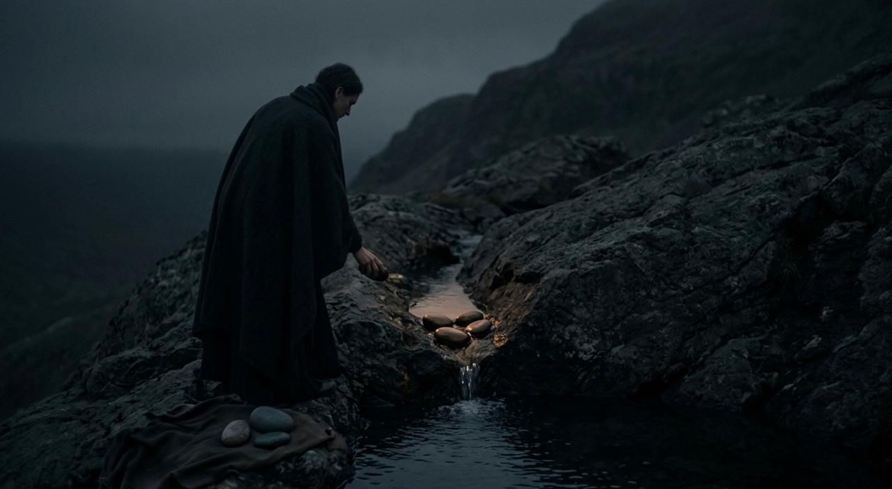 A person placing stones in a small stream flowing through a rocky landscape