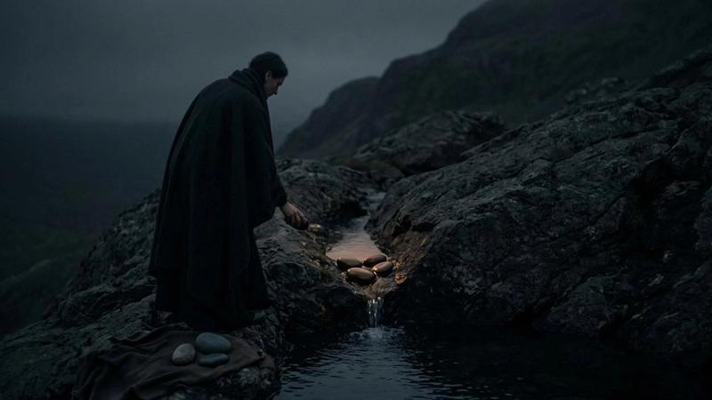 A person placing stones in a small stream flowing through a rocky landscape