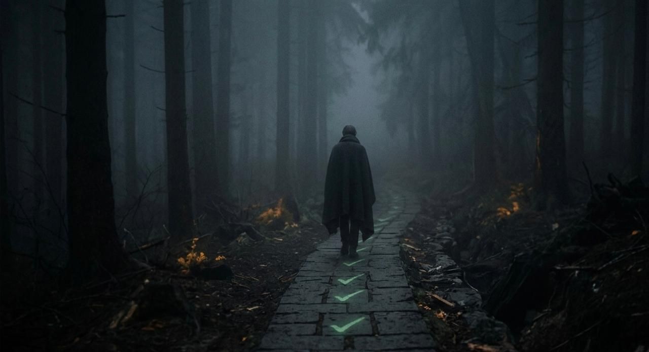 Developer walking through a dark uncertain path representing hidden software risks beyond test coverage metrics