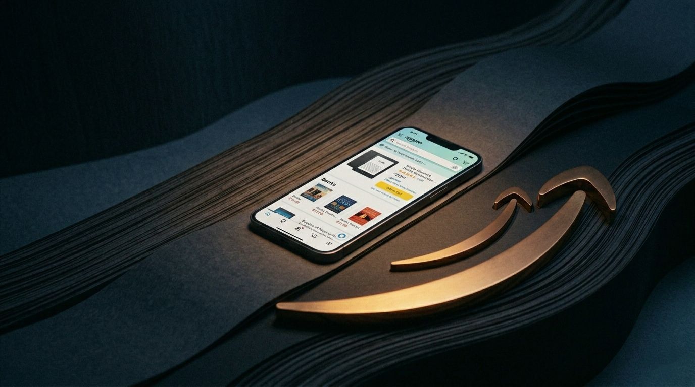 A minimalist, cinematic hero image in a moody, dark tone for a blog post. A smartphone lies flat on a dark, textured surface that mimics continuous, elegant flowing waves. The phone screen displays an interface of the Amazon mobile app with product listings. In the foreground, a prominent, metallic bronze Amazon smile logo rests naturally alongside the phone, catching soft, warm diffused lighting amidst heavy shadows and a desaturated charcoal background.