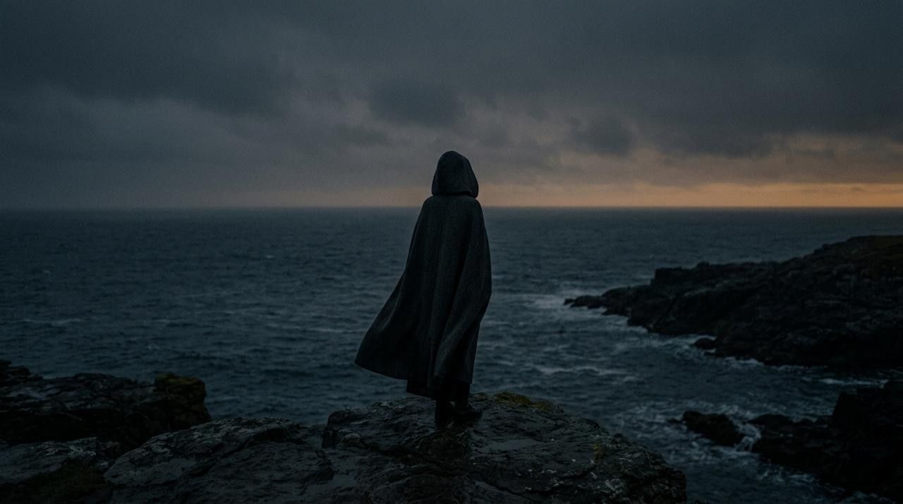 A cloaked figure stands alone on a rocky coastline overlooking a dark, stormy sea beneath heavy clouds, creating a moody and atmospheric scene.