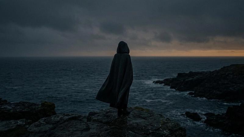 A cloaked figure stands alone on a rocky coastline overlooking a dark, stormy sea beneath heavy clouds, creating a moody and atmospheric scene.