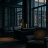 A dark, minimalist scene showing a glowing, arched doorway with a shadowy figure standing inside, partially reflected on a glossy floor, creating a mysterious and atmospheric mood.