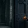 A dark, minimalist scene showing a glowing, arched doorway with a shadowy figure standing inside, partially reflected on a glossy floor, creating a mysterious and atmospheric mood.