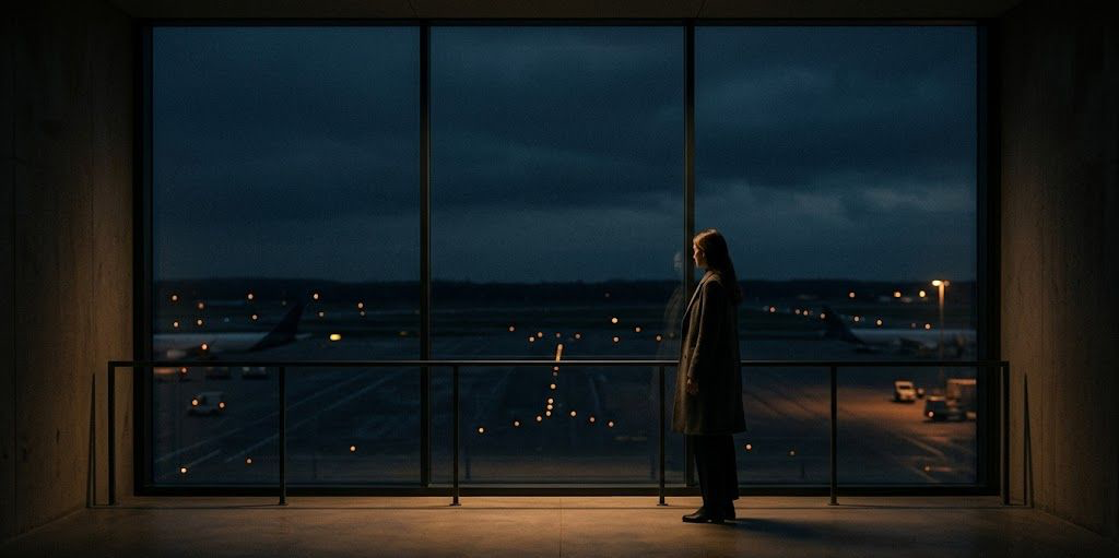A dark, minimalist scene showing a glowing, arched doorway with a shadowy figure standing inside, partially reflected on a glossy floor, creating a mysterious and atmospheric mood.