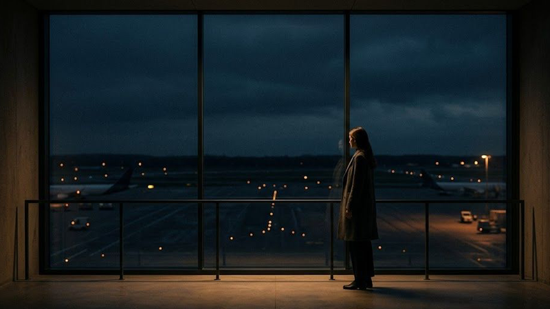 A dark, minimalist scene showing a glowing, arched doorway with a shadowy figure standing inside, partially reflected on a glossy floor, creating a mysterious and atmospheric mood.