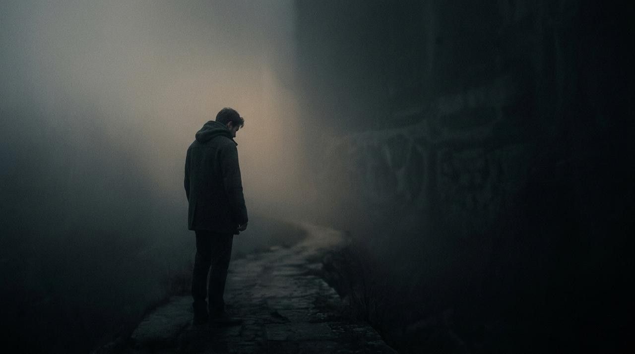 A person in a dark coat walks alone on a misty, narrow path. The mood is somber, with a foggy, dimly lit background.