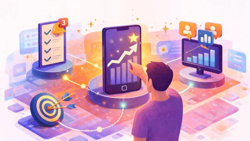 “Illustration of a user interacting with a mobile analytics dashboard, showing growth charts, task completion checklists, targets, and performance metrics across connected devices.”