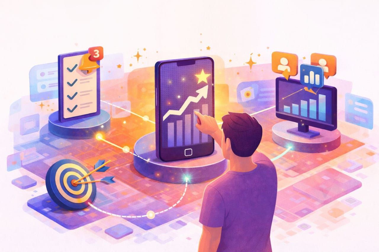 “Illustration of a user interacting with a mobile analytics dashboard, showing growth charts, task completion checklists, targets, and performance metrics across connected devices.”