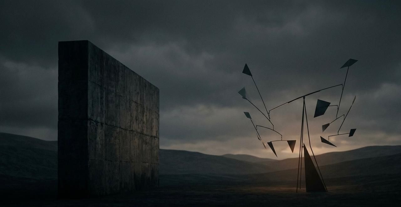 Concrete monolith and abstract geometric structure in a dark landscape at dusk.