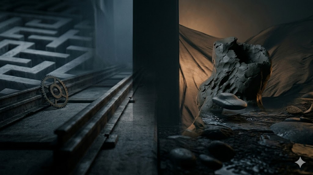 A dark, minimalist scene showing a glowing, arched doorway with a shadowy figure standing inside, partially reflected on a glossy floor, creating a mysterious and atmospheric mood.