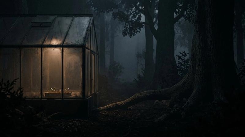 A dimly lit greenhouse stands in a dark, foggy forest. Soft yellow light glows inside, highlighting young plants. Eerie and mysterious mood.