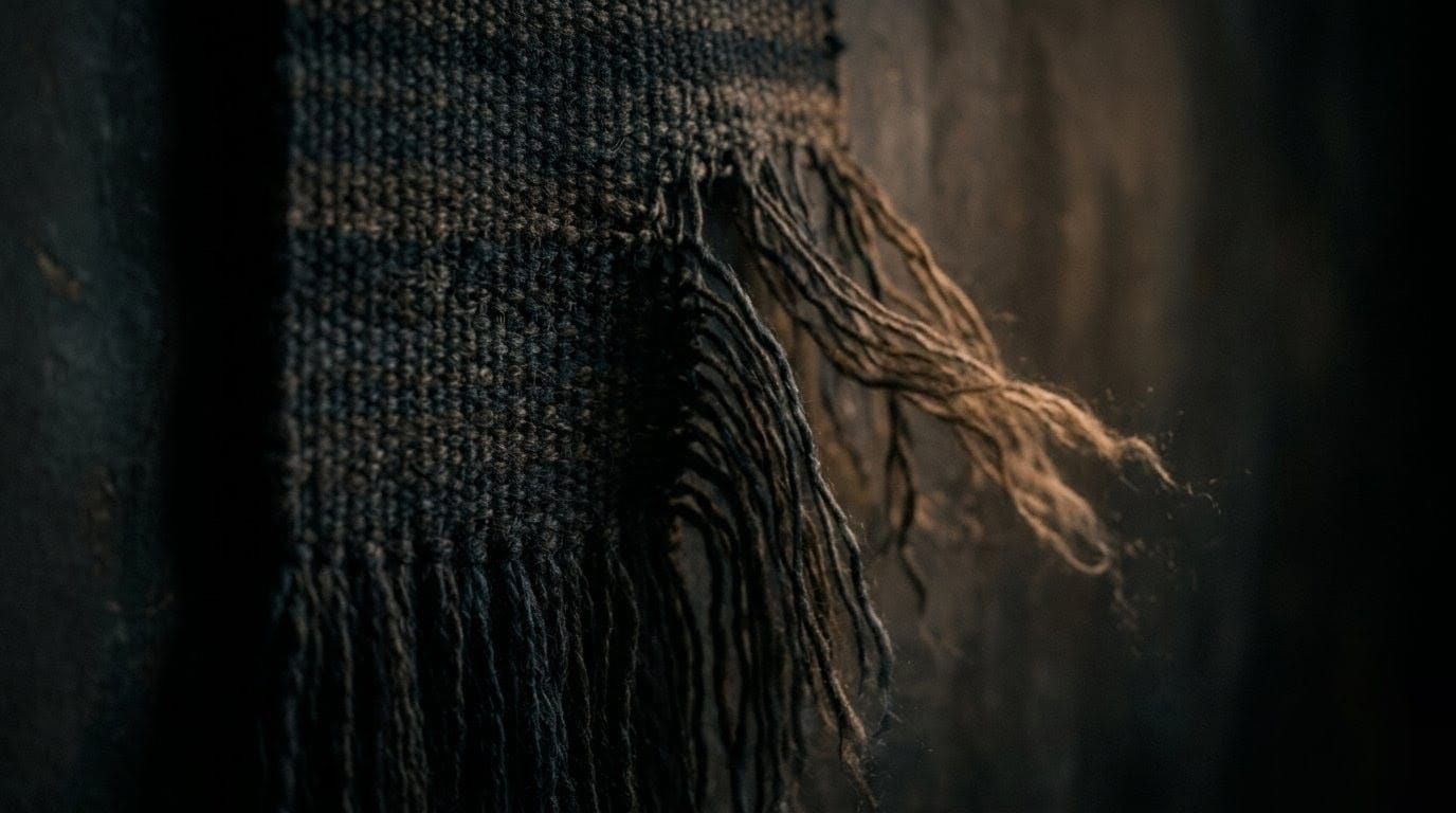 Close-up of a textured, dark woven fabric with frayed edges on a dimly lit background, creating a rustic and moody atmosphere.