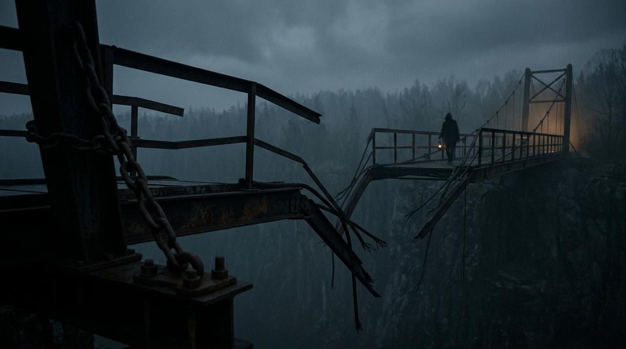 A moody, desaturated photograph shows a person carrying a small lantern across a narrow, rickety suspension bridge over a dark, deep chasm in a misty forest. The near side of the bridge is made of rusty metal and heavy chains, with the path abruptly broken and collapsed into the abyss. The hooded figure walks on the remaining part of the bridge towards a faint, distant light on the far, wooded bank. The scene has soft, diffused light and a grainy, cinematic, and melancholic editorial feel.