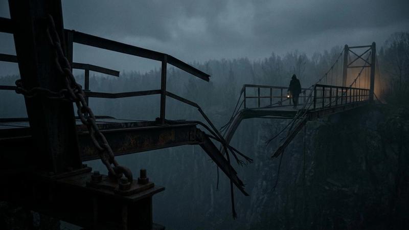 A moody, desaturated photograph shows a person carrying a small lantern across a narrow, rickety suspension bridge over a dark, deep chasm in a misty forest. The near side of the bridge is made of rusty metal and heavy chains, with the path abruptly broken and collapsed into the abyss. The hooded figure walks on the remaining part of the bridge towards a faint, distant light on the far, wooded bank. The scene has soft, diffused light and a grainy, cinematic, and melancholic editorial feel.