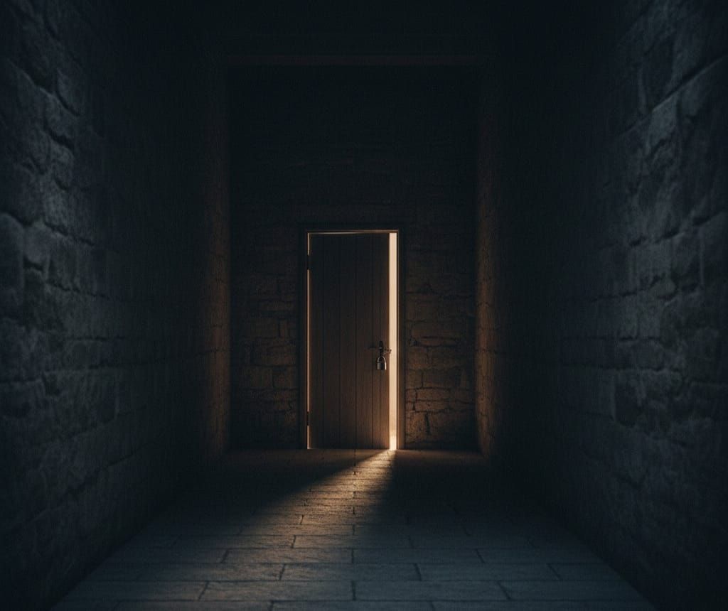 Dimly lit stone corridor with an open wooden door at the end casting light. Shadowy and mysterious atmosphere.