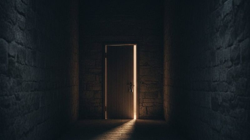 Dimly lit stone corridor with an open wooden door at the end casting light. Shadowy and mysterious atmosphere.