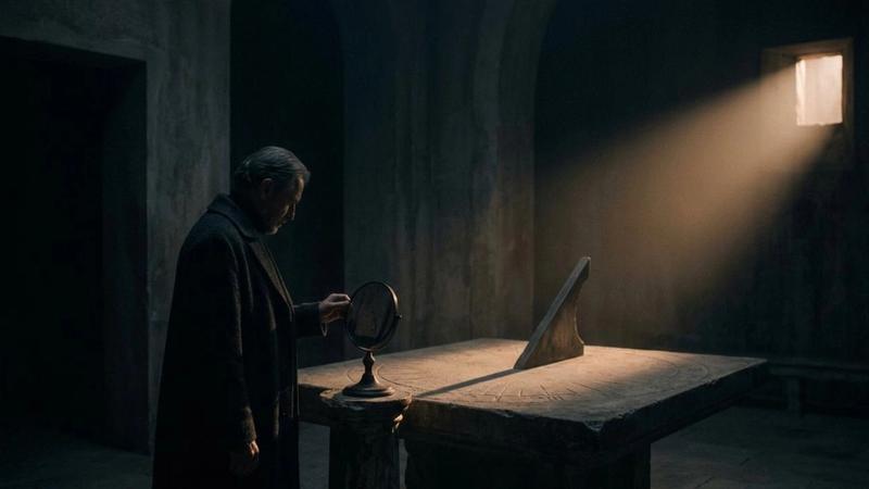 A man in a dark coat examines a round mirror in a dim room, light streaming through a small window onto a sundial. The mood is mysterious.