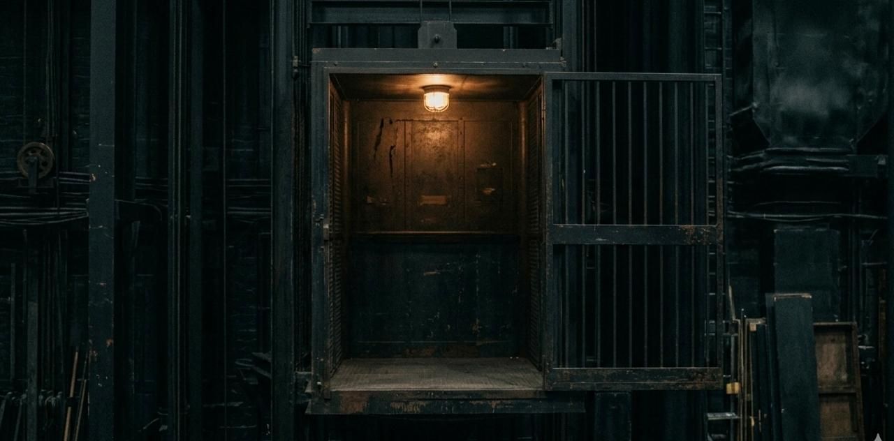 Vintage industrial freight elevator with open steel gate and warm overhead lighting in a dark factory setting.