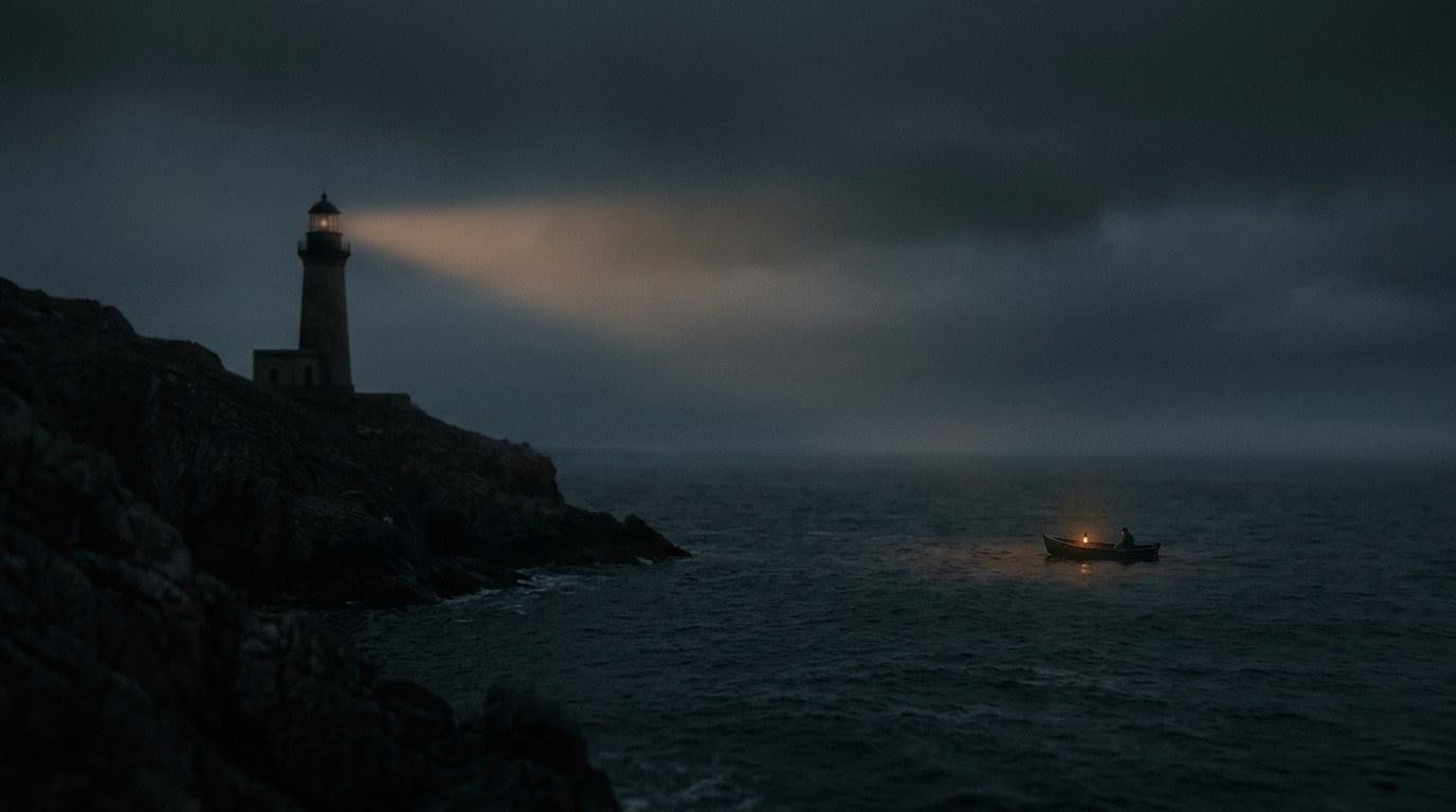Lighthouse on a rocky coast casting a beam of light over a dark sea, with a small boat illuminated in the distance at night.