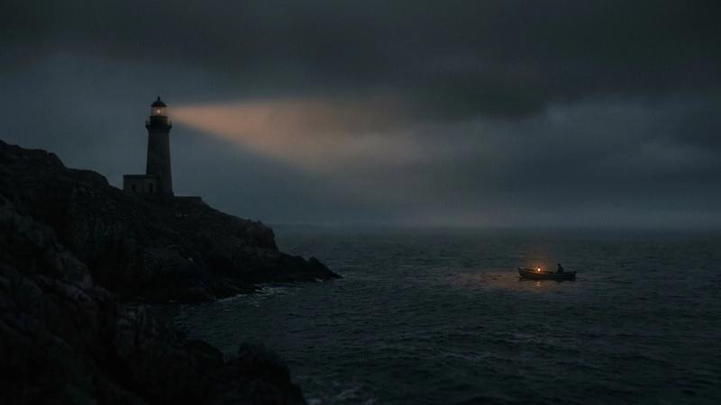 Lighthouse on a rocky coast casting a beam of light over a dark sea, with a small boat illuminated in the distance at night.