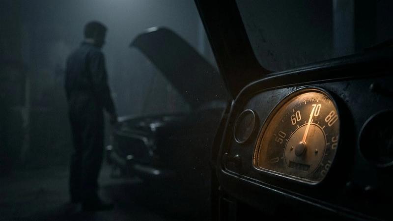 A mechanic stands beside a car with an open hood in a dim garage. A glowing speedometer shows 70. The scene is moody and atmospheric.