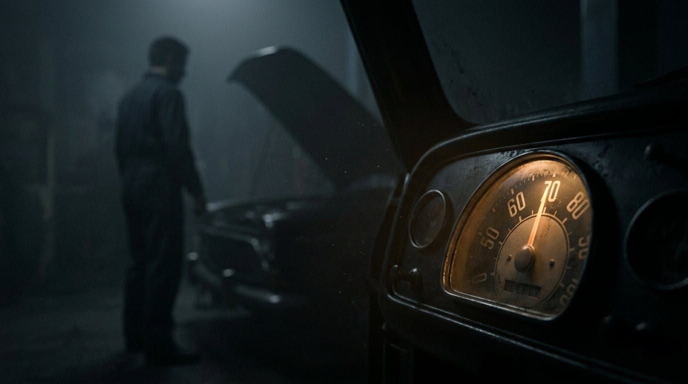 A mechanic stands beside a car with an open hood in a dim garage. A glowing speedometer shows 70. The scene is moody and atmospheric.