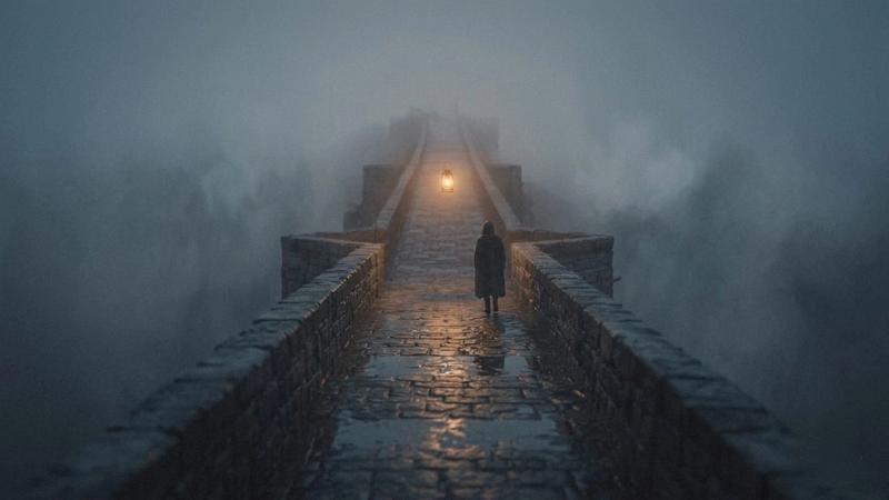 Person in a coat walking on a foggy stone bridge towards a glowing lantern. The scene is misty and atmospheric, creating a mysterious mood.