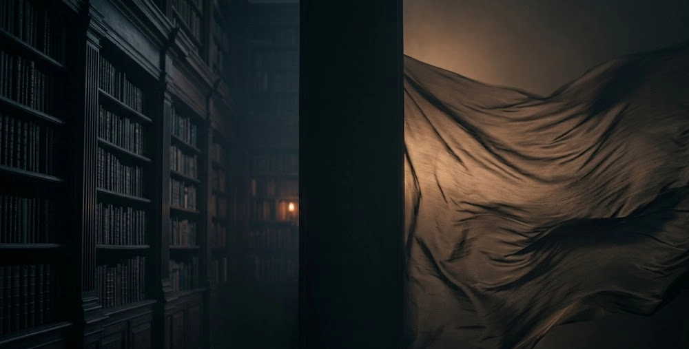 Dark cinematic library hallway with shadowy shelves and flowing fabric, symbolizing hidden layers of product engagement and deep mobile experience architecture