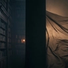 Dark cinematic library hallway with shadowy shelves and flowing fabric, symbolizing hidden layers of product engagement and deep mobile experience architecture