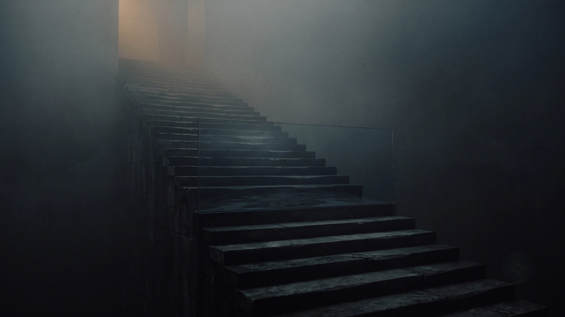 A dark, cinematic image of a stone staircase ascending into thick, shadowy fog, illuminated by a faint, warm amber light at the top.