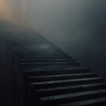 A dark, cinematic image of a stone staircase ascending into thick, shadowy fog, illuminated by a faint, warm amber light at the top.